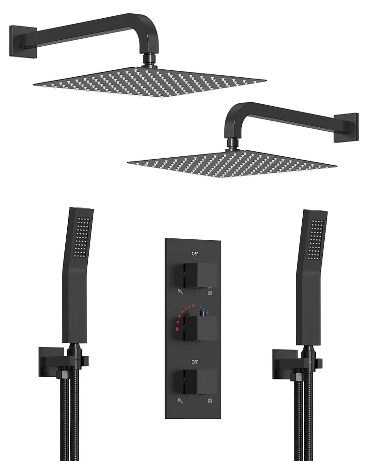 Two-Person Shower System with Dual Rainfall Heads and Handheld Showers SFS-1069-BK12