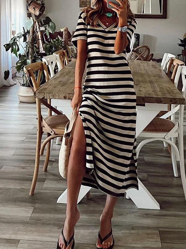 Women Short Sleeve V-neck Striped Dress