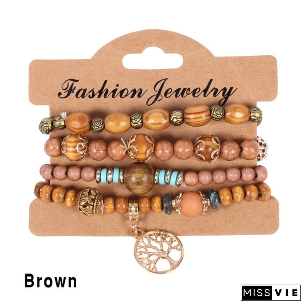 4pcs/set Wooden Beads Bracelet Multicolor Women Boho Bangles With Hollow-out Pendant