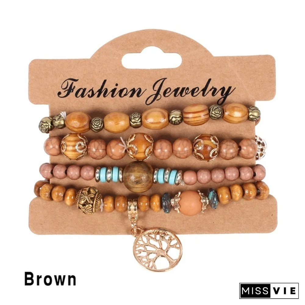 4pcs/set Wooden Beads Bracelet Multicolor Women Boho Bangles With Hollow-out Pendant