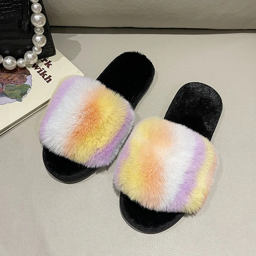 Yyvonne Women Plush Warm House Slippers Faux Fur Fashion Girl's Cotton Furry Footwear Non-Slip Shoes Indoor Household Slides