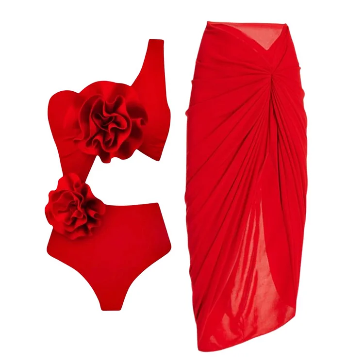 3D Flower Cutout Red One Piece Swimsuit and Sarong
