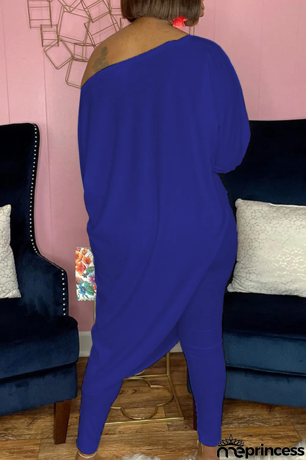 White Casual Print Split Joint One Shoulder Three Quarter Two Pieces