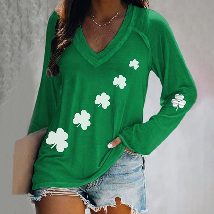 Comstylish Women's St. Patrick's Day Shamrock Print Long Sleeve T-Shirt