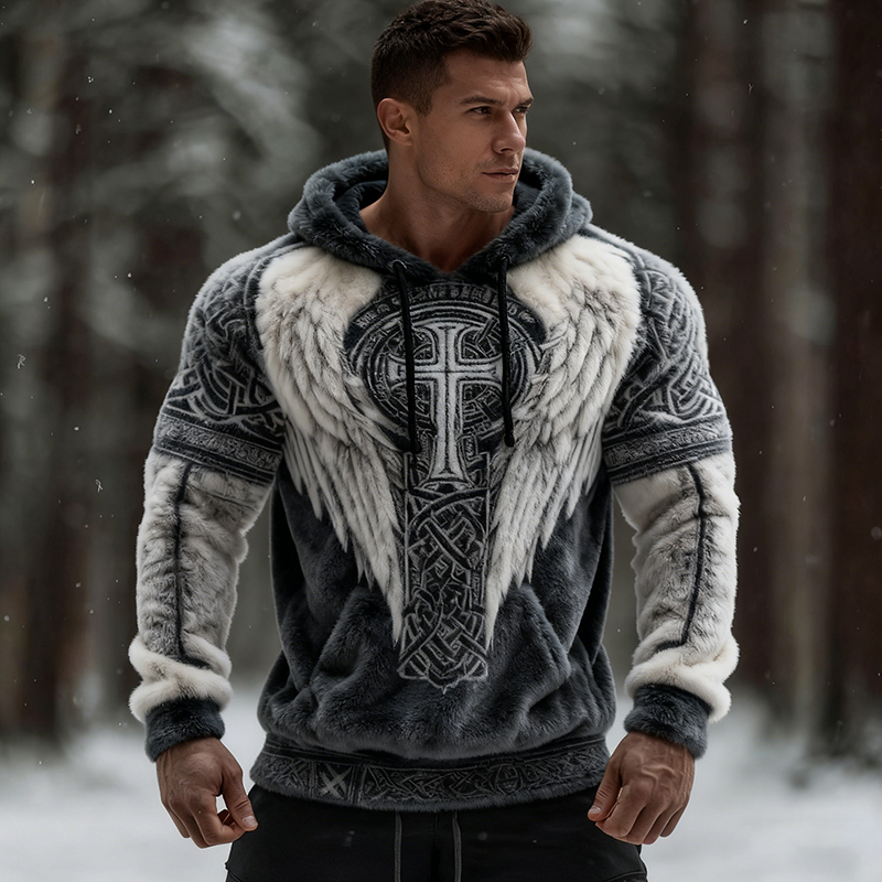 Men's Viking Wings Print Flannel Hoodie elevenforest