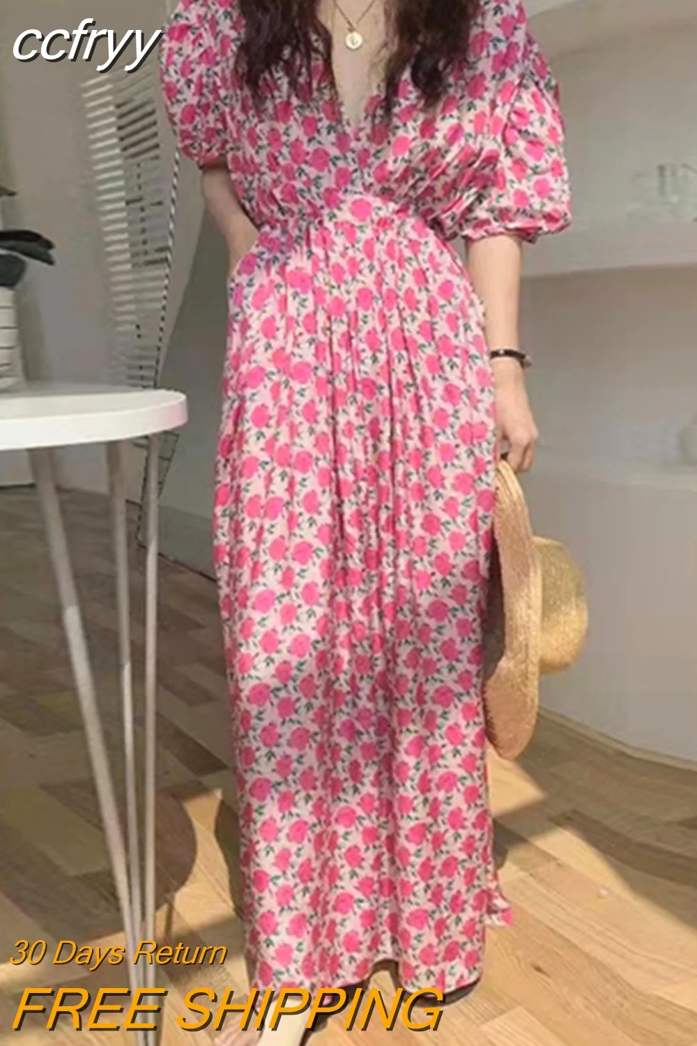 Huibahe Puff Sleeve Floral Dresses Women Summer 2023 V-neck A Line Print Woman Dress Elegant Casual Loose Midi Dress Robes 22136