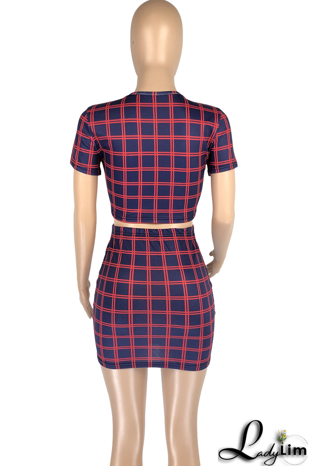 Navy Blue Fashion Plaid Split Joint O Neck Short Sleeve Two Pieces