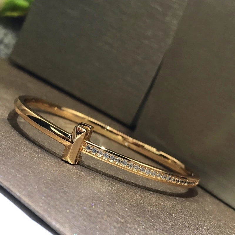 Copper 18K Gold Plated Rose Gold Plated White Gold Plated Inlay Geometric Zircon Bangle