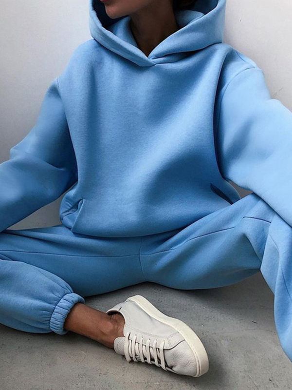 Mature Women Solid Color Casual Fashion Pants Thickened Long-sleeved Hooded Suit