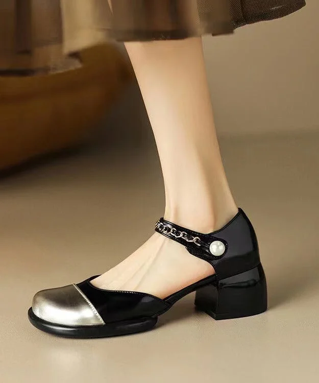 French Black Splicing Buckle Strap Chunky Sandals
