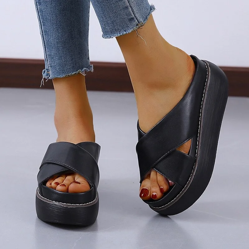 Qengg New Women's Casual Slippers Fashion Vintage Fish Mouth Wedge Sandals Platform All-match Outdoor Roman Shoes Zapatilla Mujer