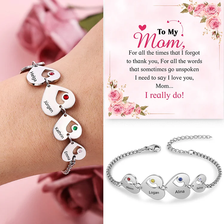 4 Names - Personalized Heart Bracelet Custom Names & Birthstones Family Bracelet Gifts for Her