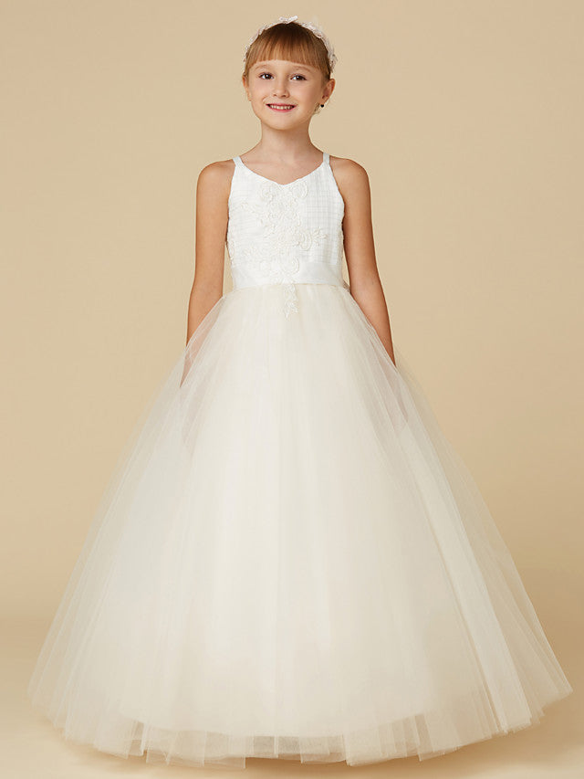Oknass Sleeveless Spaghetti Strap Flower Girl Dress Lace Tulle  With Bow Appliques