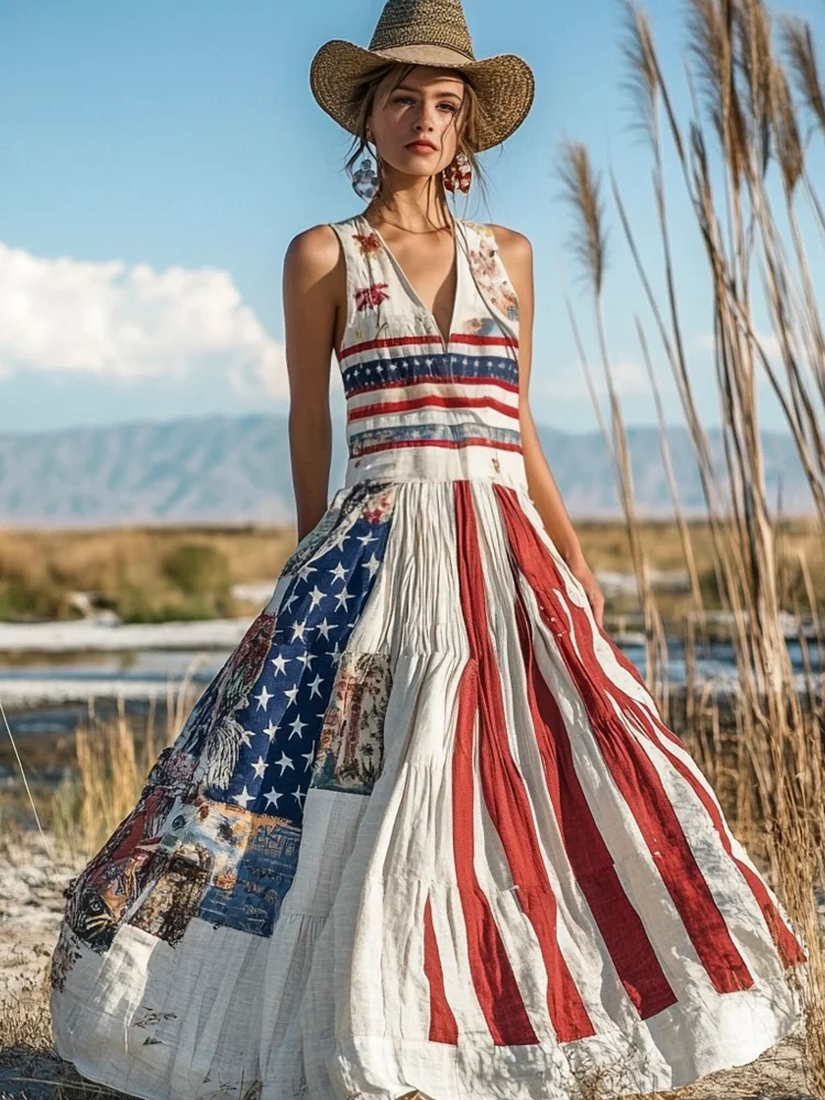Flag Element Vintage Women's Linen Vest Maxi Dress