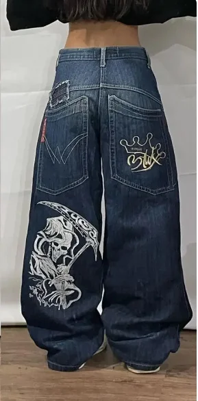 Ueong Hip-Hop Skull Printed Jeans For Men And Women High Street Tide Brand Loose Wide-Legged Floor Trousers