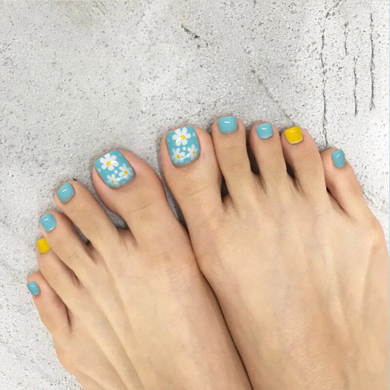 Applyw PCS Toe Acrylic Fake Toe Nails With Floral Design False Nails Blue Color Press on Toe Nail for DIY Manicure Nail Salon Tool