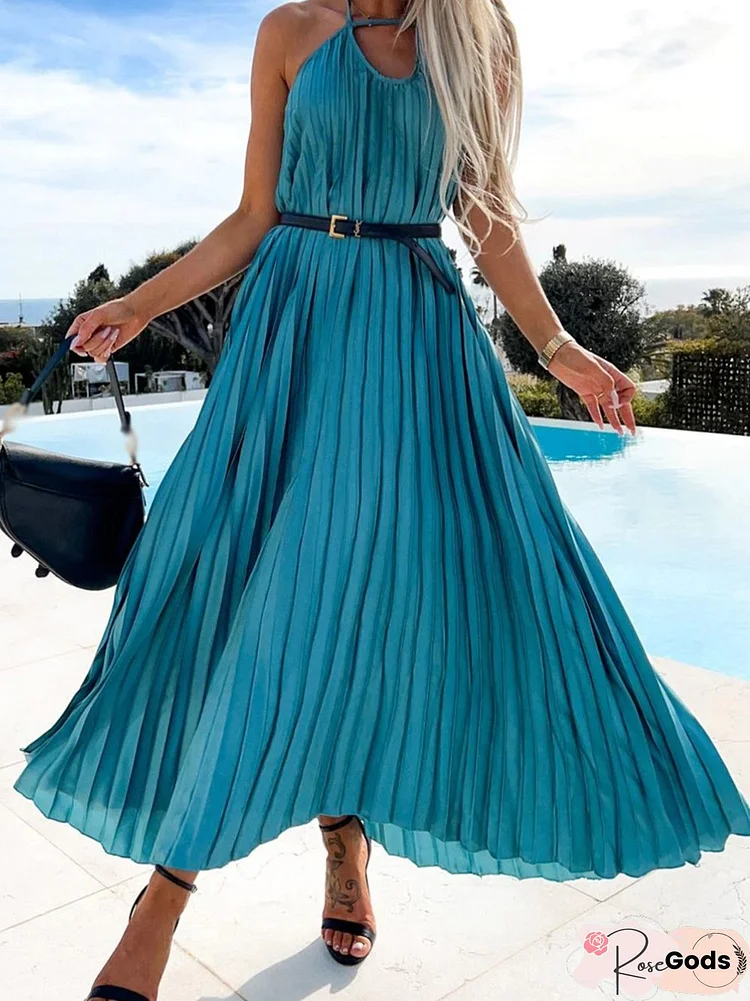 Elegant Halter Hollow Beach Party Long Dress Fashion Pleat Loose Hem Sexy V-Neck Dress Women Summer Sleeveless Solid Dress