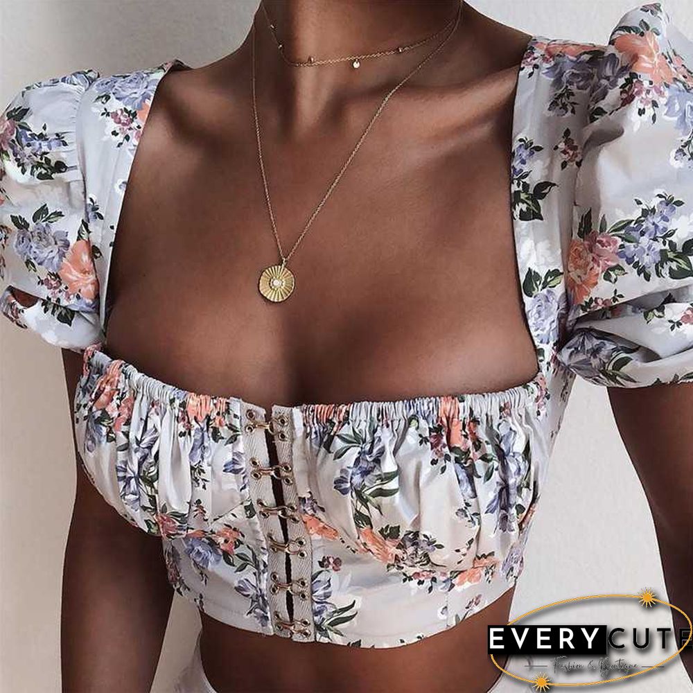 Vintage Floral Print Puff Sleeve Hook And Eye Crop Bodice Top