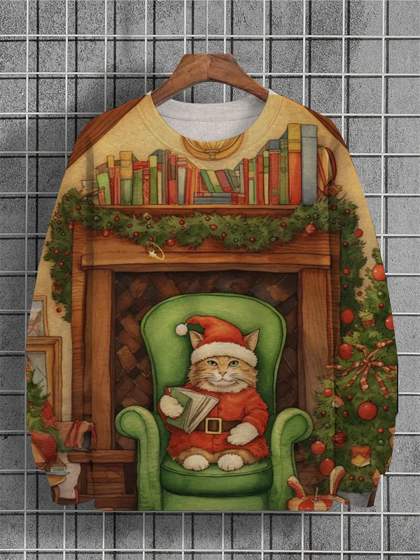 Men's Christmas Cat Sitting On Sofa Print Casual Sweatshirt