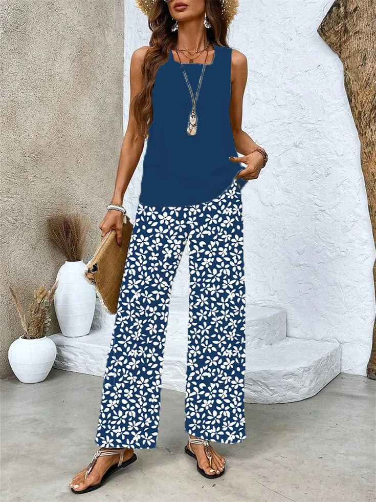 Women's Sleeveless Square Collar Graphic Printed Casual Set