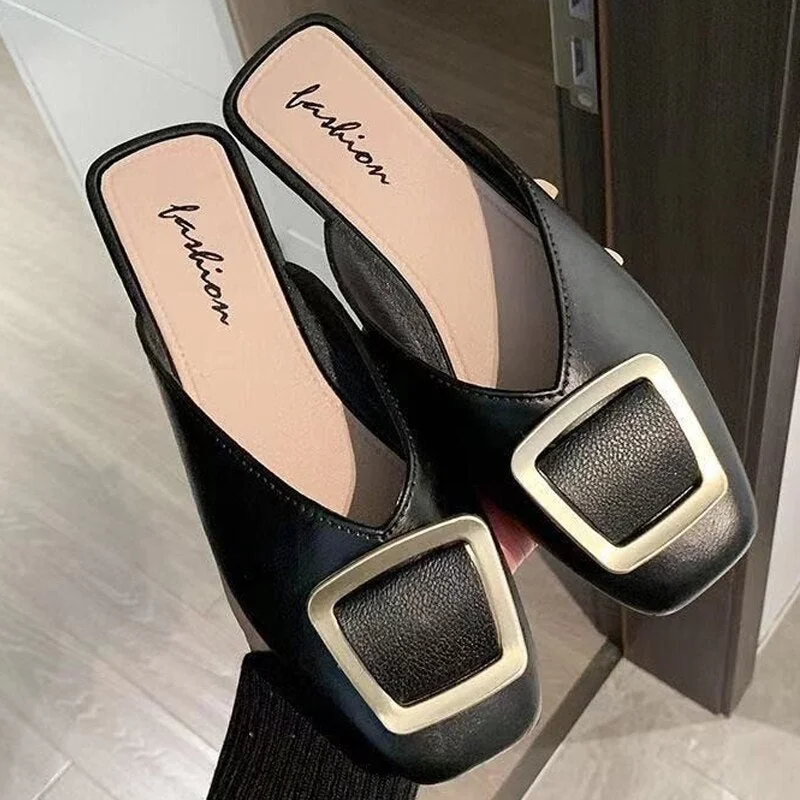 Women's Summer Shoes Slip On Mules Casual Shoes Buckle Square Toe Flats Sandals Brand Designer Sandals Ladies 2021 New Fashion