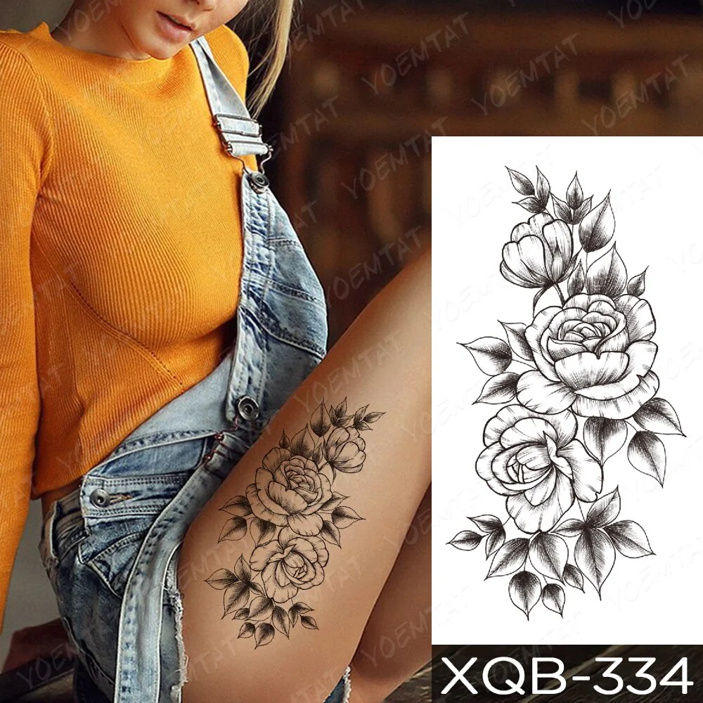 Waterproof Temporary Tattoo Sticker Simple Lines Tatto Waist Chest Thigh Arm Rose Peony Flower Body Art Arm Fake Sleeve Tatoo