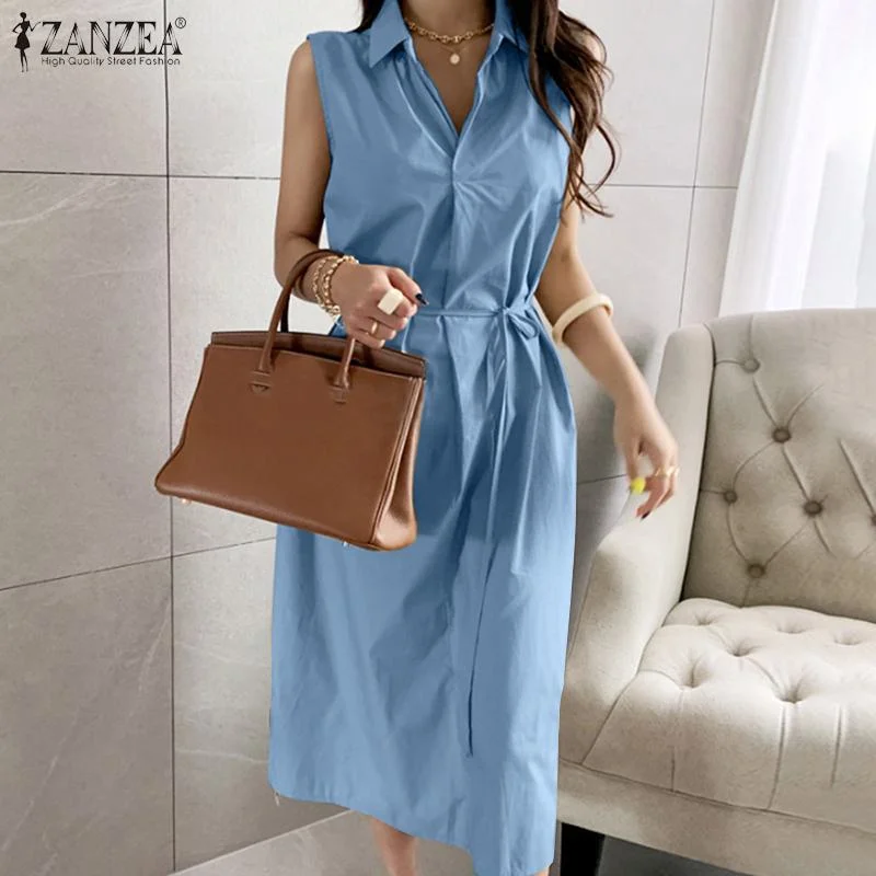 2022 ZANZEA Elegant Women Lapel Neck Shirt Dress Summer Sleeveless Sundress Casual Office Work Solid Vestido Sarafans 7