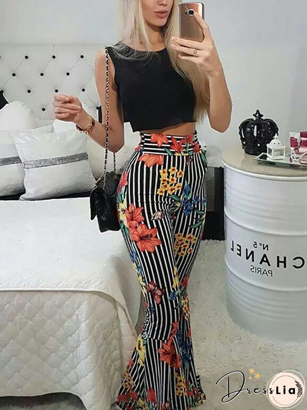 Striped Floral Flared Pants With Crop Top Set P15570