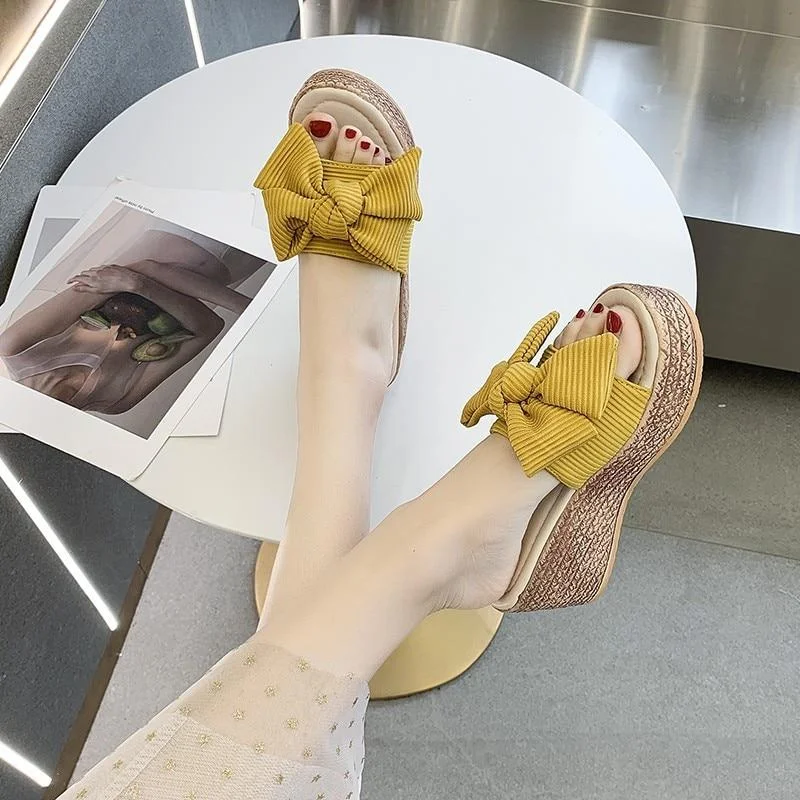 Summer Wedges Slippers Platform High Heel Women Slipper Ladies Shoes Basic Wedge Slipper Flip Flop Sandals Bow Wear-resistant