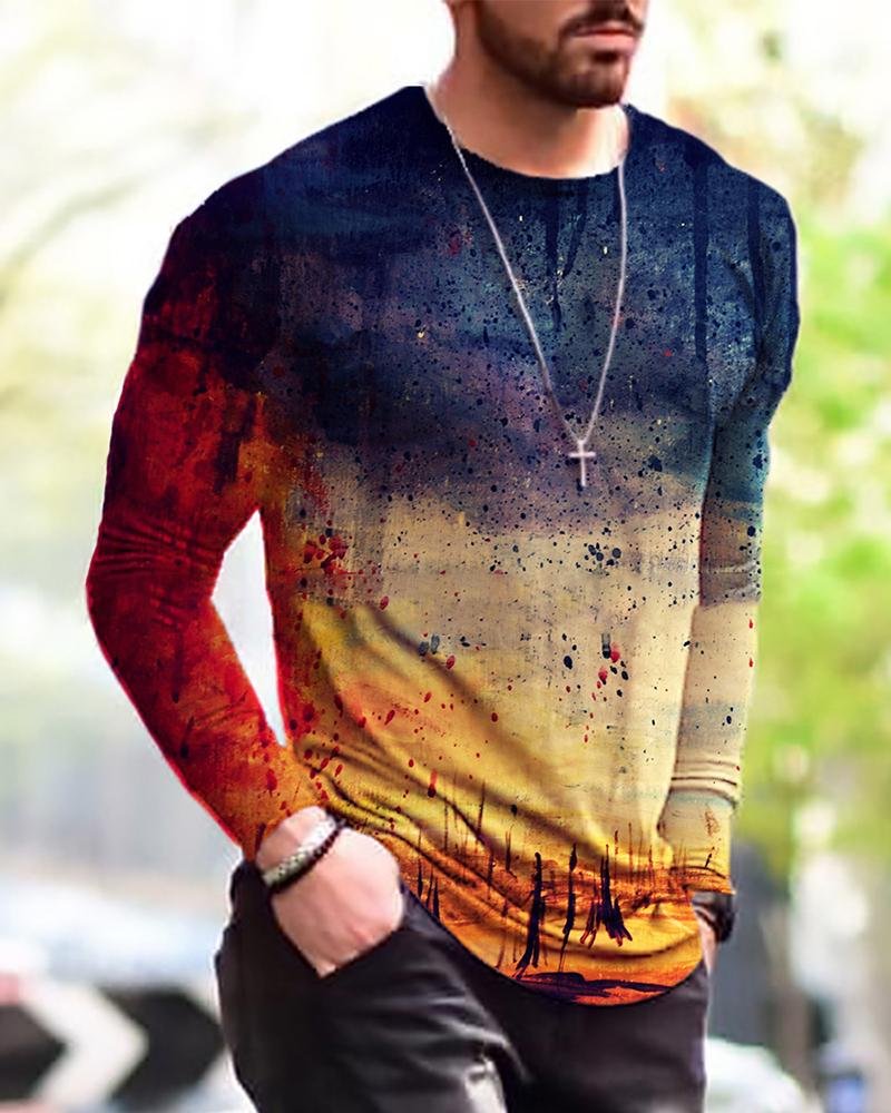 Men's Gradient Printed Long Sleeve T-shirt