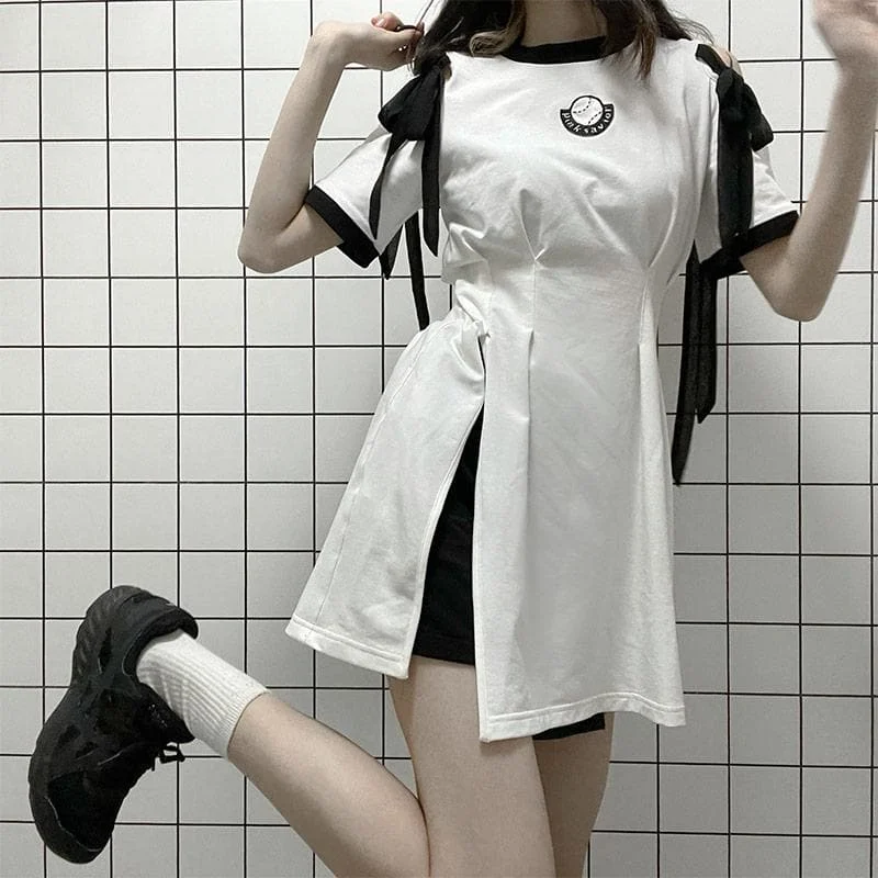 Sweet White/Black Lace Up White Long T-Shirt Stripe Black Dress Shorts SP15972