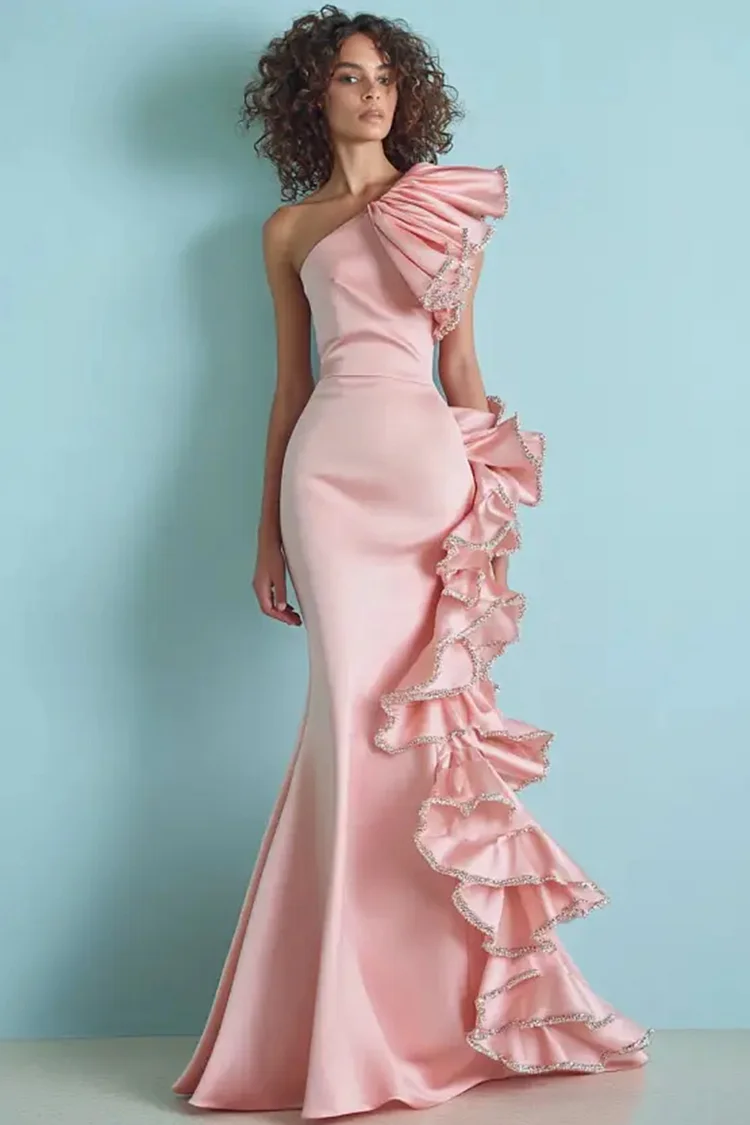 One Shoulder Ruffle Trim Mermaid Maxi Dress-Pink [Custom-Made]