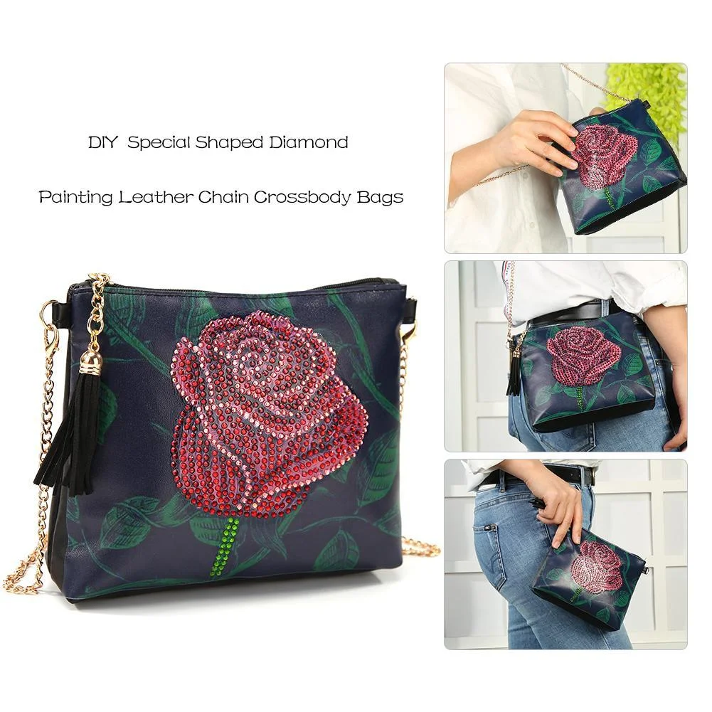 DIY Bag - Rhinestone - Rose Women Leather Chain Crossbody Bags