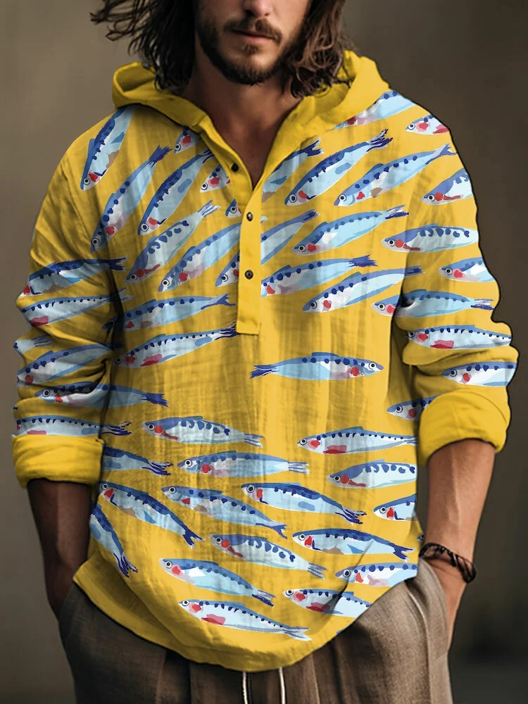 Men's Japanese Cute Fish Art Linen Hooded Long Sleeve Shirt