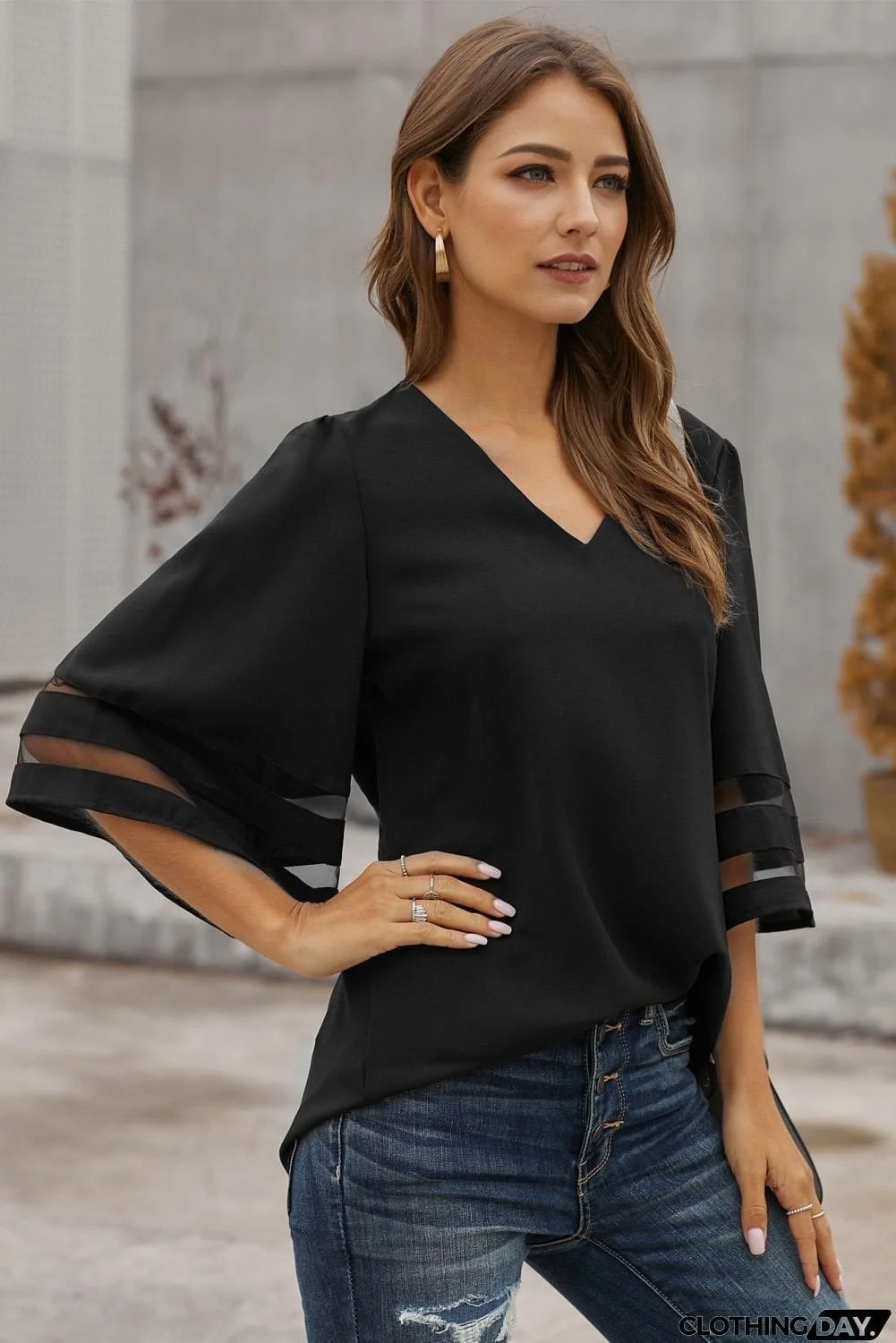 Black Flare Sleeve V Neck Loose Women's Chiffon Blouse