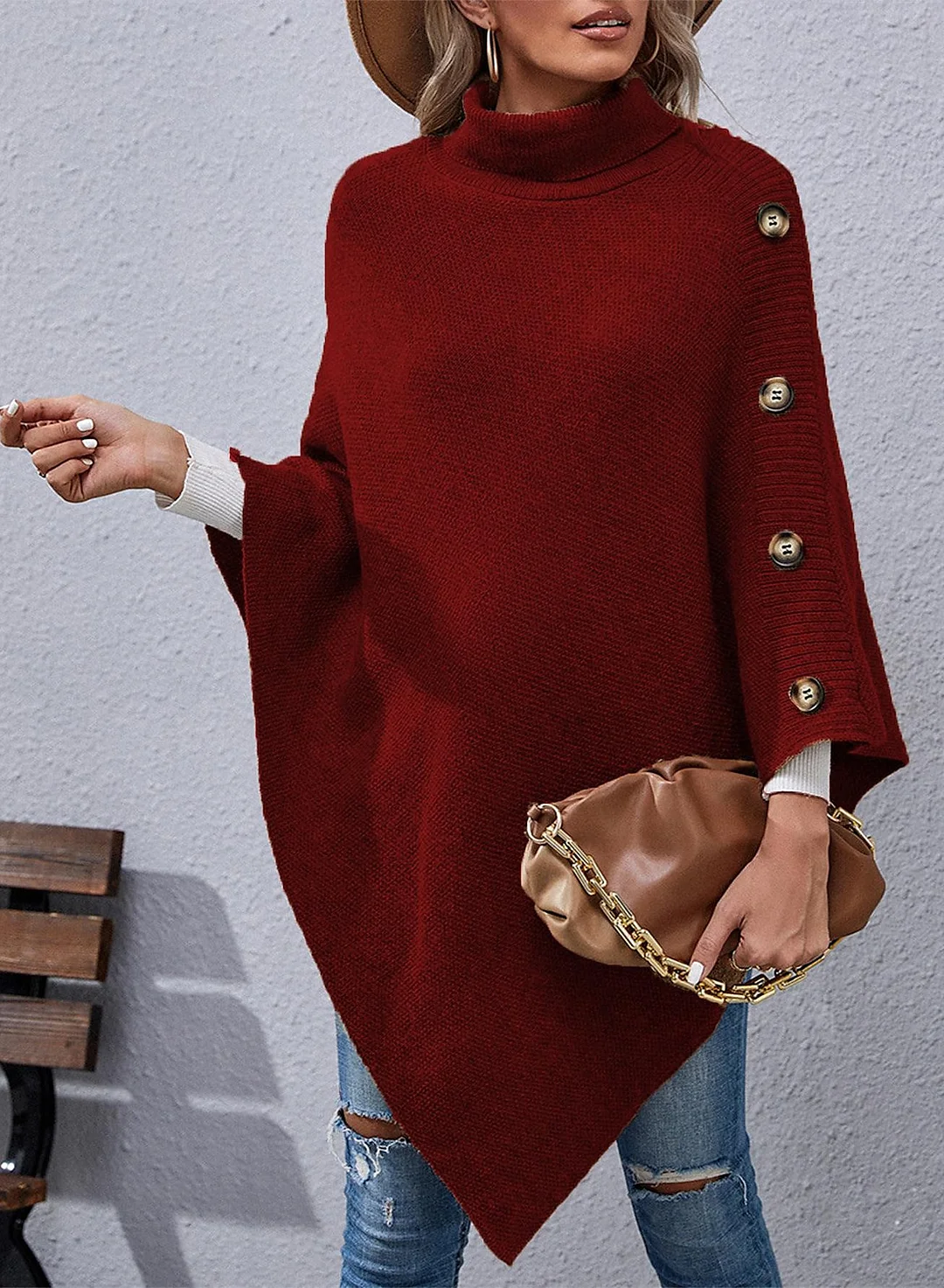 Autumn And Winter Button High-neck Irregular Sweater Shawl Cloak