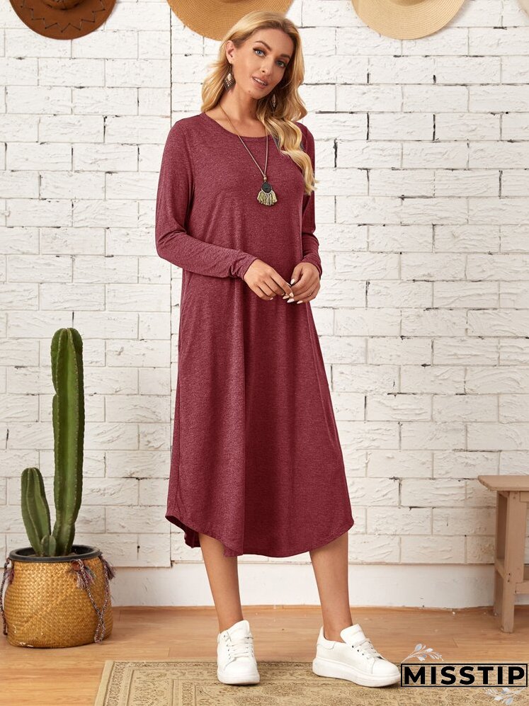 Marled Knit Slant Pockets Curved Hem Dress