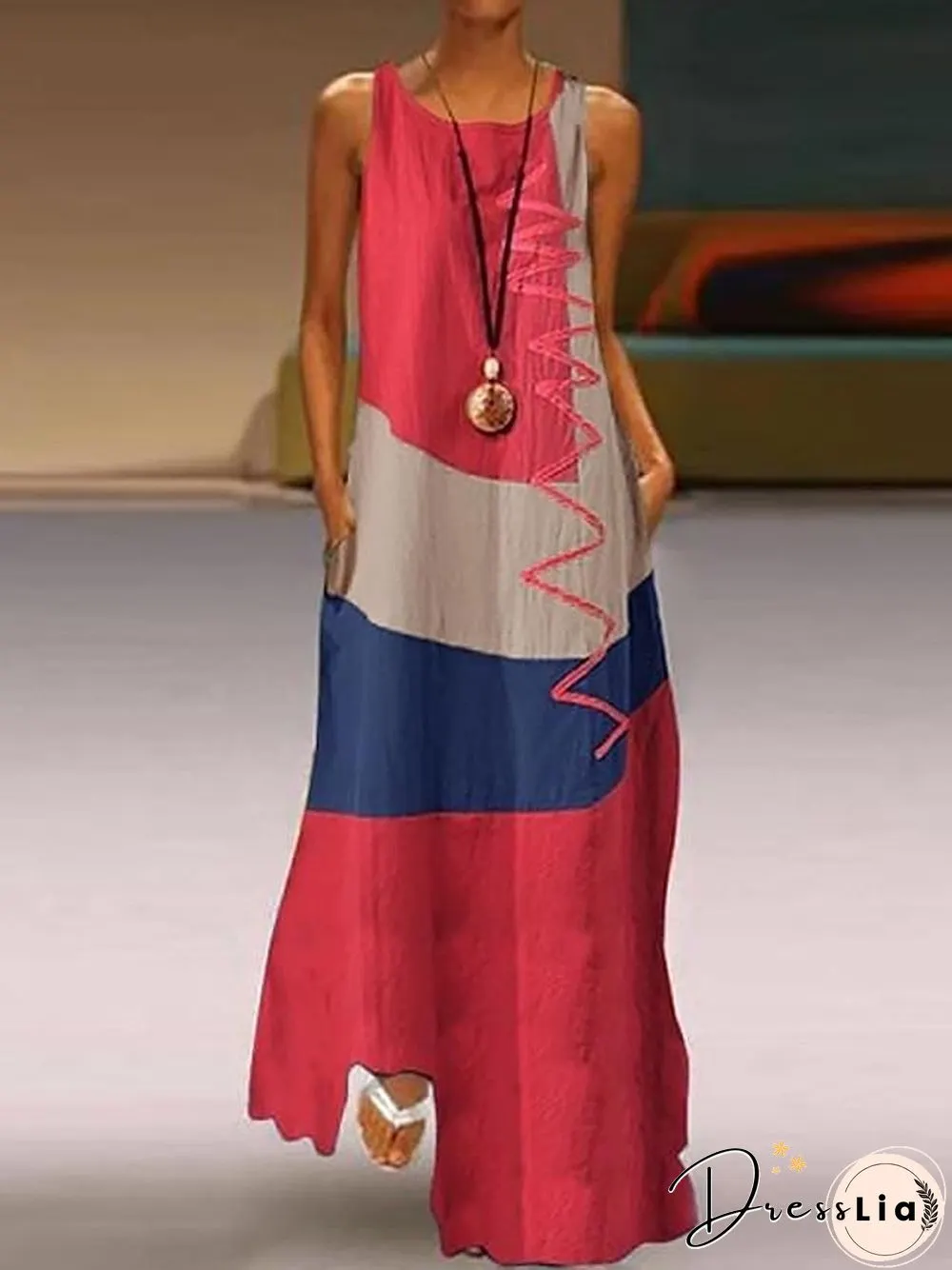 Womens Maxi Dress With V-neck Long Sleeveless Color Block Patchwork Summer Plus Size