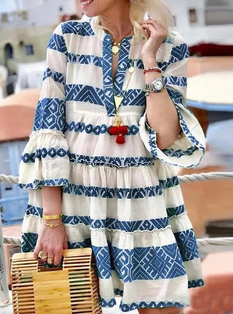 Striped Print Sweet Geometric Print Baggy Dress