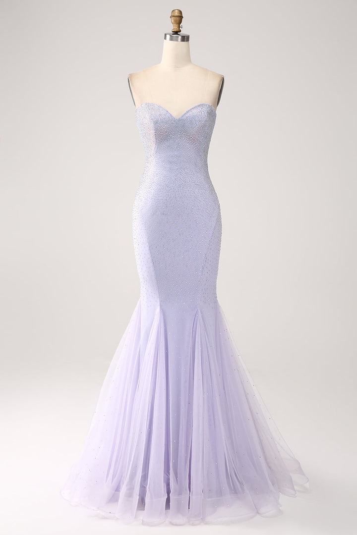Ovlias Romantic Purple Strapless Beaded Sheath Tulle Mermaid Prom Dress LY0624