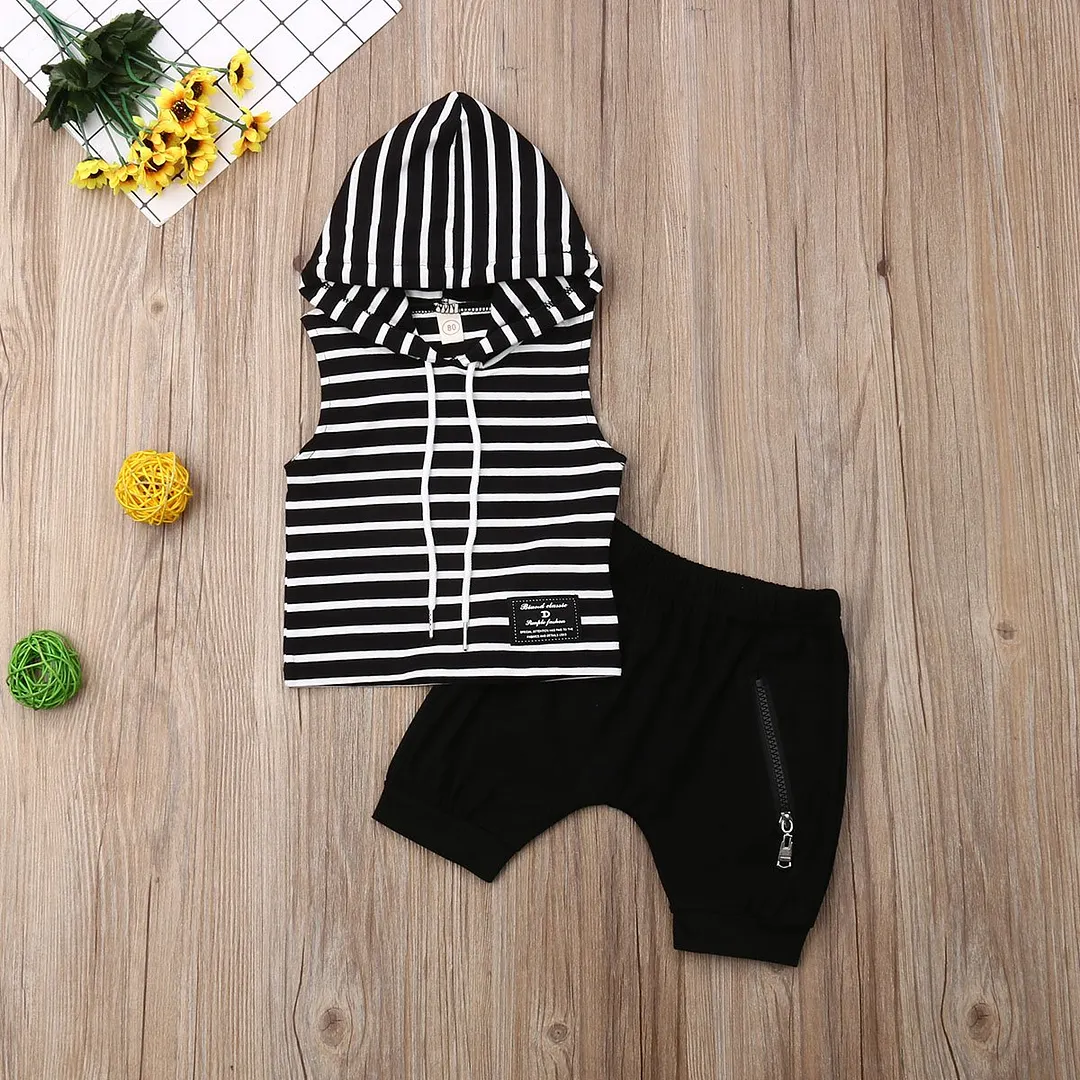 2020 Baby Summer Clothing Toddler Baby Boy Clothes Sleeveless Hooded Stripe Top Shirt Zipper Shorts 2Pcs Sets Outfit
