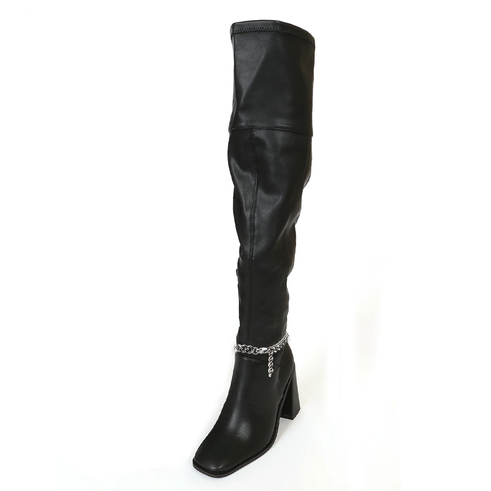 Black Square Toe Chunky Heel Chain Decor Tall Boots for Women Nicepairs
