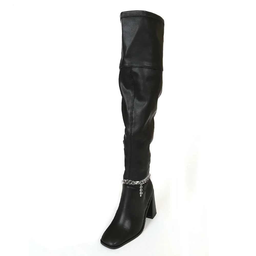 Black Square-toe High Heel Chunky Knee Boots with Chain Trim Nicepairs