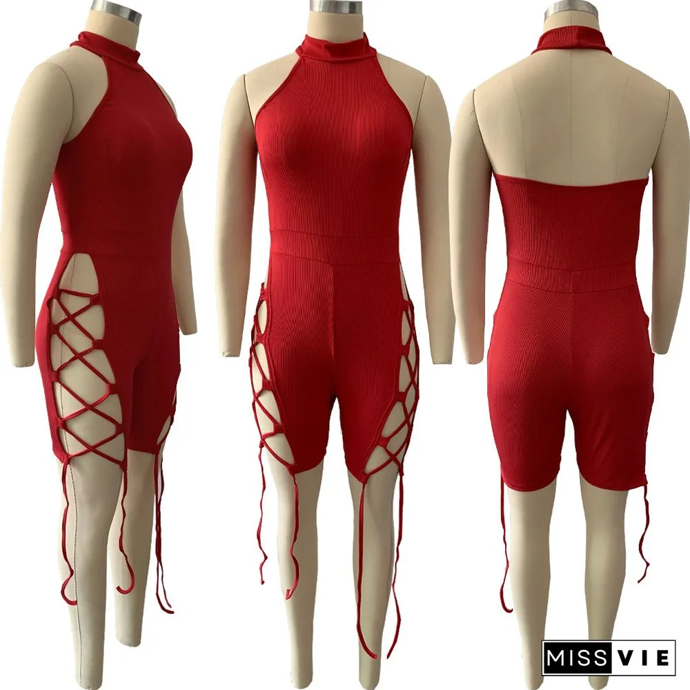 Hot Style Summer Women Solid Color Sleeveless Halter Hollow Out O-Neck Night Club Party Bandage Rompers