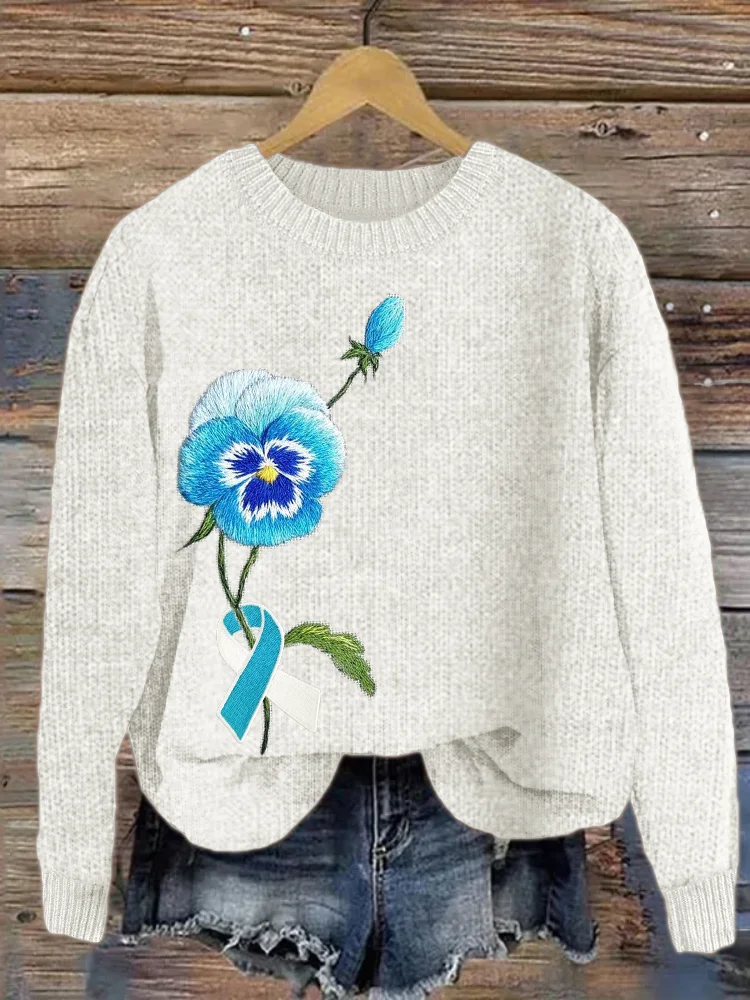 Utbros Pansy Flower Cervical Cancer Awareness Embroidered Cozy Knit Sweater