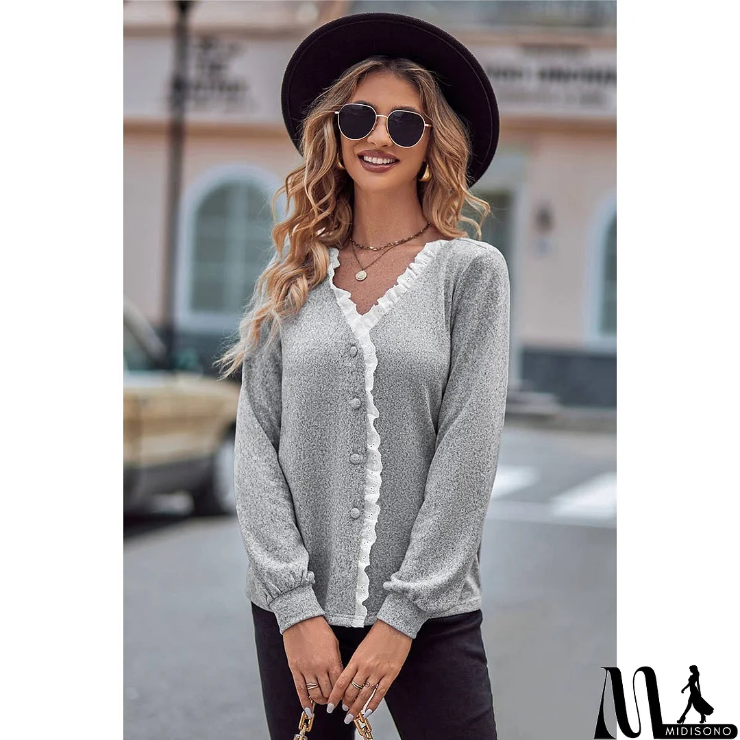 MidiSono - Front Open Button Lace Trim Fit V Neck Top