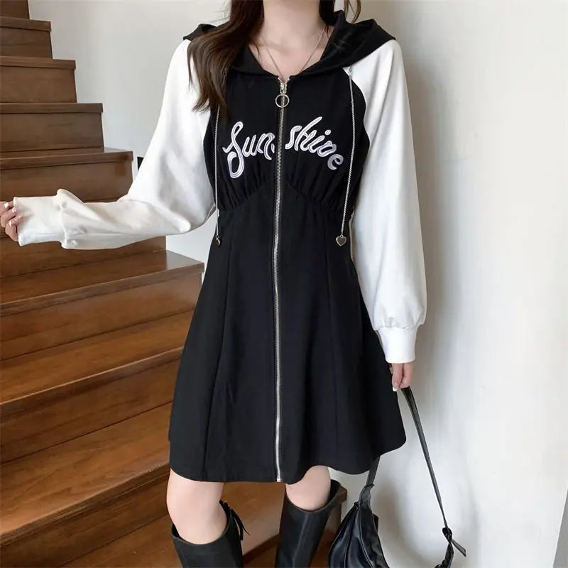 Aiertu Korean Style Oversize Hooded Dress Women Preppy Style School Student Casual Letter Sport Mini Short Dresses Autumn Aiertu