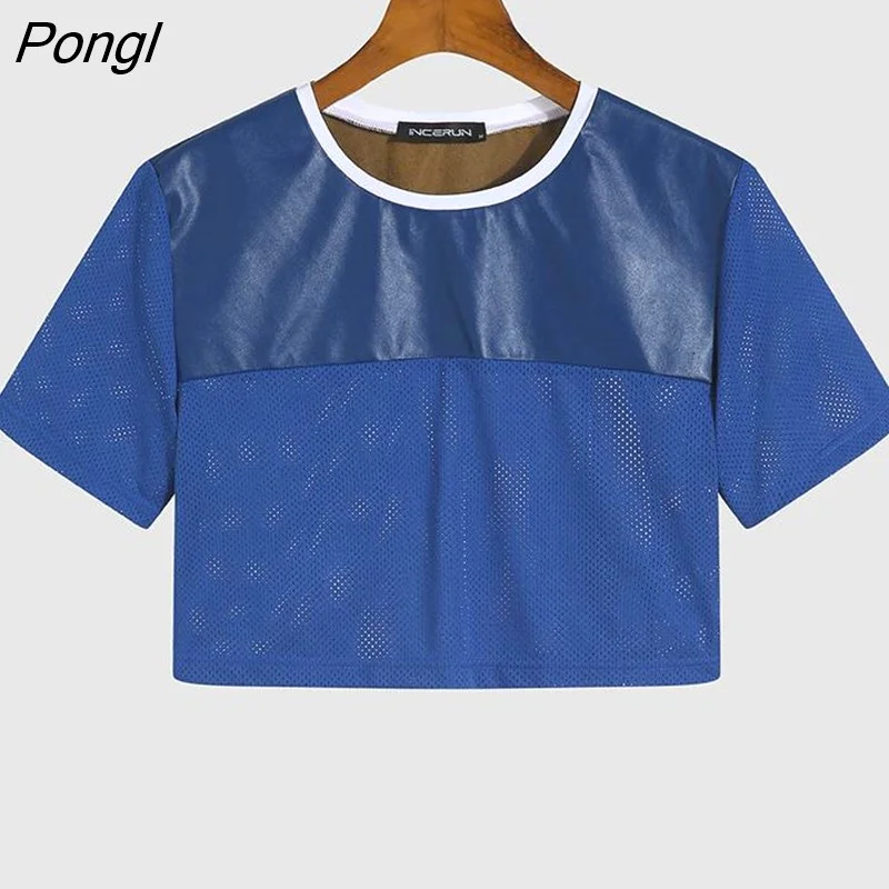 Pongl Men Crop Tops Patchwork See Through Sexy Short Sleeve T Shirts Streetwear 2023 Party Nightclub Men Clothing INCERUN 5XL
