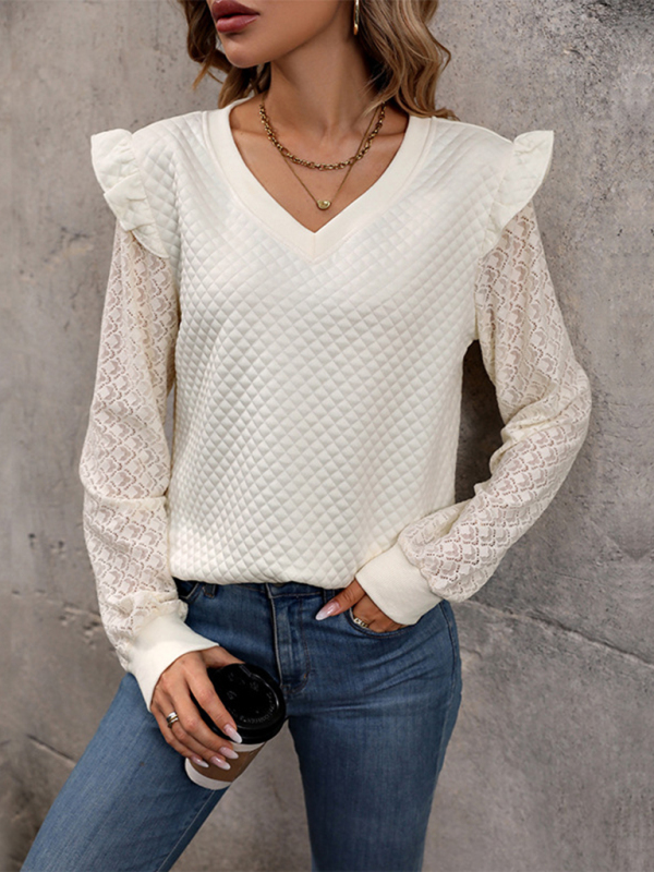 Mature Women Fashion Knit Lace Sleeve Quilted Top