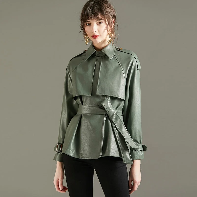 FTLZZ 2021 Spring Autumn Lapel Faux Leather Jacket Women Green PU Coat Simplicity Loose Jackets Office Lady Outwear with Belt